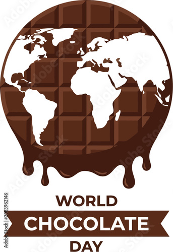 World Chocolate Day concept displays a stylized planet earth made of chocolate dripping down with a decorative ribbon.