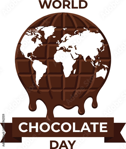 World Chocolate Day features a melting globe graphic constructed from a dark chocolate bar with a banner below.