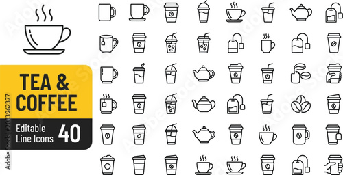 Coffee and tea icons represent a collection of forty minimalist line drawings depicting various hot beverages and cafe equipment.