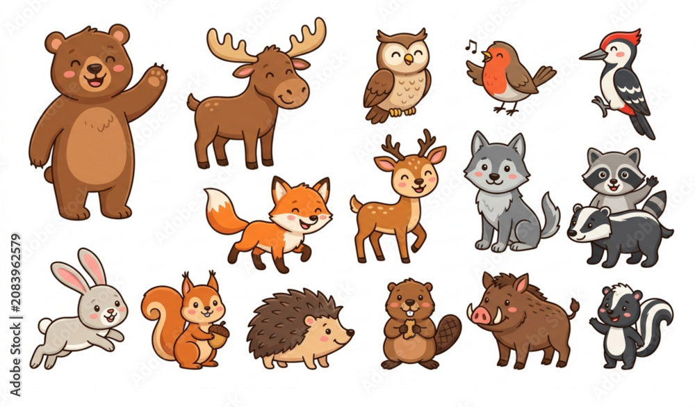Obraz premium Cartoon Forest Animals Vector EPS 10 Cute Woodland Animal Collection Isolated on White Background