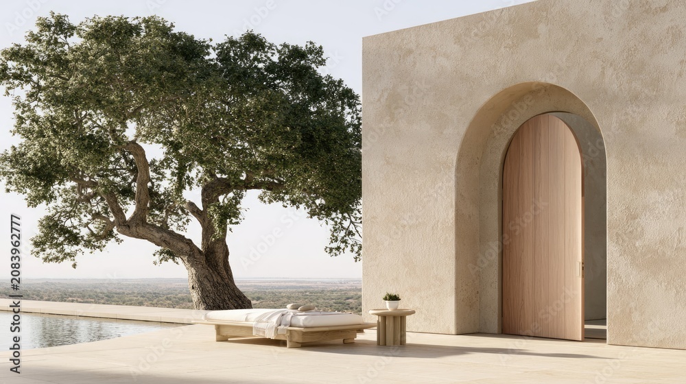 Fototapeta premium Sunlit outdoor lounging area with arched doorway, minimalist daybed, and ancient tree
