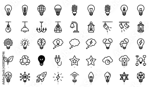 Idea and Innovation Line Icon Set - Lightbulb, Chandelier and Creative Thinking Vector Icons