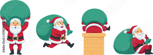 Fotografie Cartoon Santa Claus Character Set Carrying Big Green Gift Sack Running and Climb