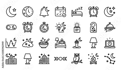Sleep and Bedtime Line Icon Set - Night Time Vector Icons with Moon, Alarm Clock, Bed and Dream Symbols