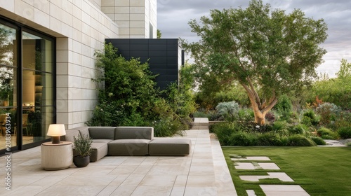 Modern patio with sectional seating and lush, landscaped garden at dusk