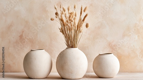 Three textured spherical vases with dried floral arrangement against wall