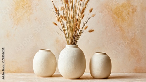 Three textured ceramic vases, one large and two small, hold dry grass
