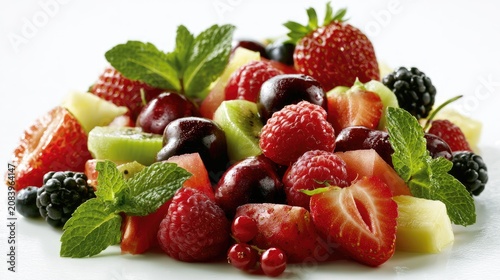Fresh, vibrant, and colorful mixed fruit salad with mint garnish