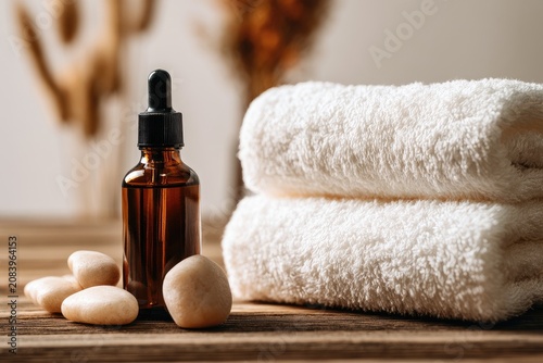 A spa setting with a dropper bottle, smooth stones, and fluffy white towels