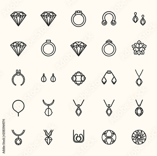 Jewelry icon collection, black and white vector symbols
