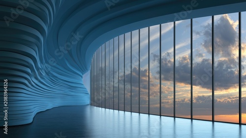 Modern interior with curved wall and expansive windows overlooking sunset