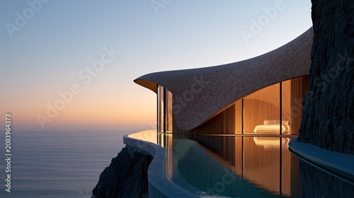 Modern cliffside villa with infinity pool and ocean sunset view