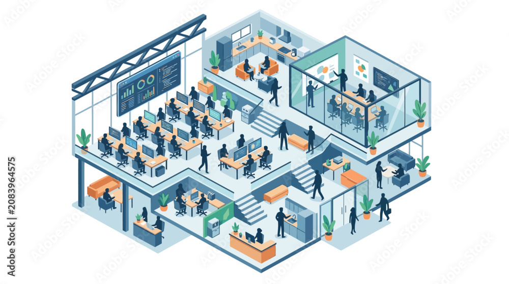 Fototapeta premium Isometric vector illustration of a modern multi-story corporate office workspace
