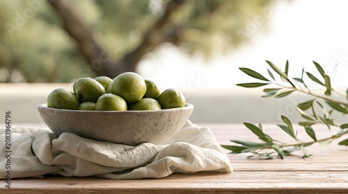 Fresh green olives in a stone bowl on a rustic table, with soft light