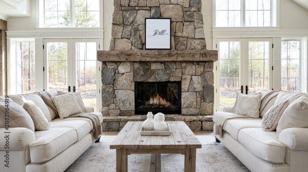 Obraz premium Cozy living room with large stone fireplace and two sofas