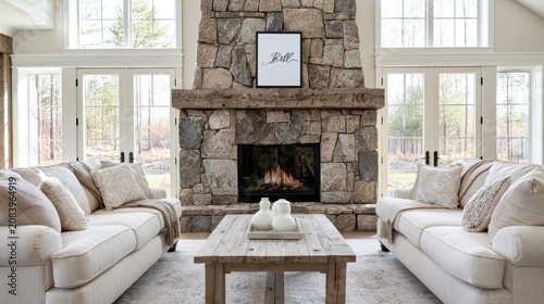 Cozy living room with large stone fireplace and two sofas