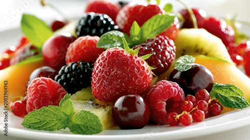 Vibrant fruit salad with fresh berries, melon slices, and mint garnish