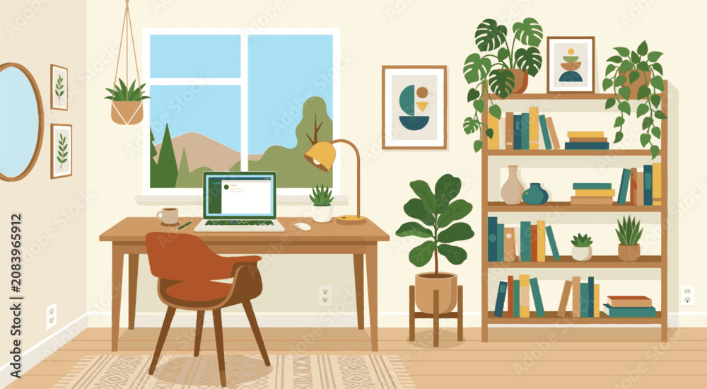 Obraz premium A person works on a laptop at a wooden desk in a cozy home office with plants and a bookshelf.