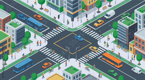 Aerial view of a busy city street intersection with vehicles and buildings