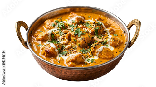 Delicious chicken tikka masala served in a traditional copper bowl on a plain white background