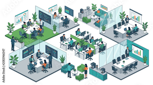 Tableau sur toile Isometric illustration of a modern corporate office workspace with people