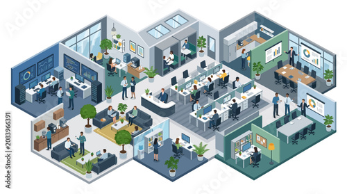 Bild auf Leinwand Detailed isometric illustration of a busy modern office environment