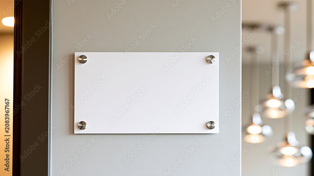 Obraz premium Name plate design mockup handing on door, 3d render. Door sign mock up template on entry in cabinet. Office hall interior with nameplate on door
