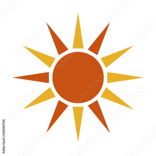 Abstract stylized sun symbol featuring a central solid circle and geometric rays, isolated on a white background. Minimalist design concept