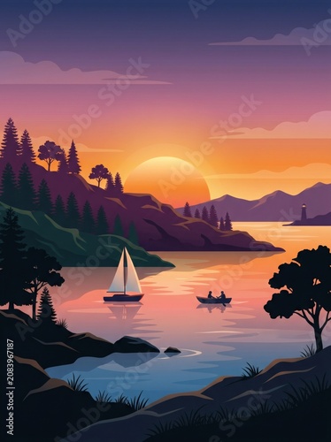 Serene lake scene at sunset with sailboat.