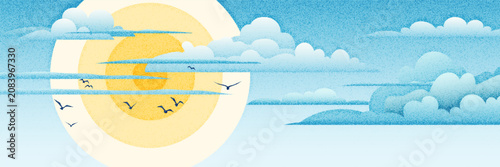 Bilde på lerret Vector drawing of sky, sun in the clouds, cartoon illustration, natural backgrou