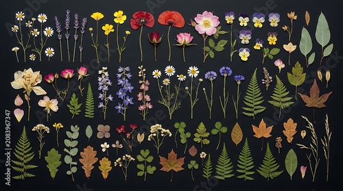 Collection of pressed dried flowers and leaves on blac