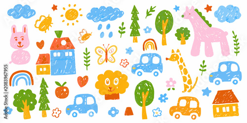 Childlike Illustration Of Trees Animals And Objects With A Crayon Texture