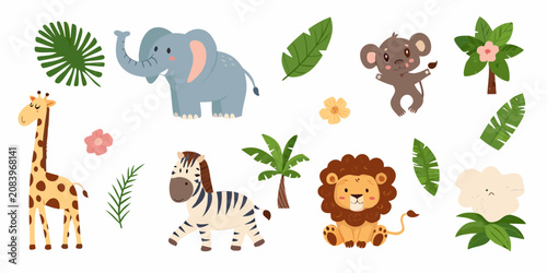 Canvas Print Cartoon style wildlife illustrations elephants giraffe zebra and lion