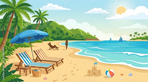 A serene beach scene with palm trees.