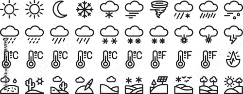 Obraz na plátně Weather Icons Set with Sun Clouds Rain Snow and Wind Symbols for Climate App or