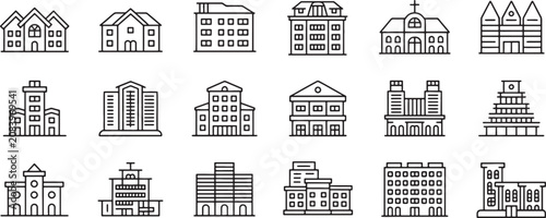 Fotografija Buildings Icons Set with Outline Line Art Showing Houses, Offices, Towers, and S