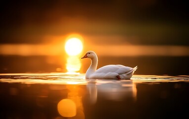 Swan on water at sunset