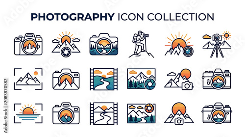 Fotografie Photography Icon Collection: Cameras, Landscapes, Sunsets, and Mountains