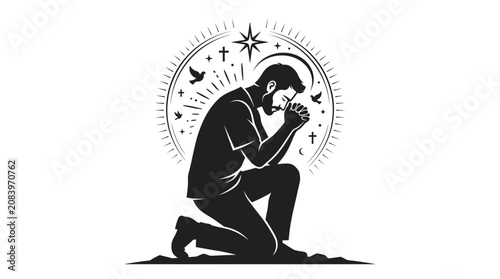 Foto Man Praying Kneeling Silhouette with Halo and Doves