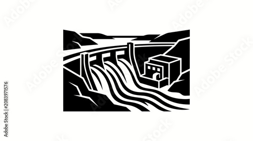 Photos a black and white drawing of a house on a river.