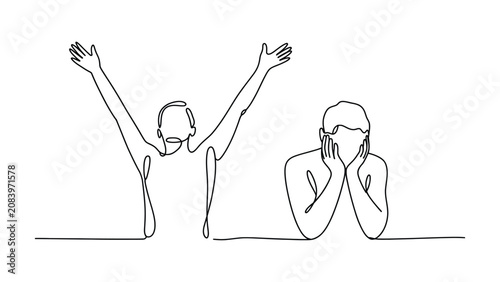 Foto continuous one line drawing of happy and sad people expressing opposite emotions