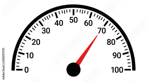 Foto A speedometer gauge with red needle.