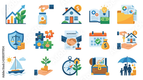 Financial icons and business symbols.