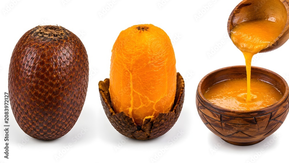 Three phases of buriti fruit from whole to peeled to pulp, isolated