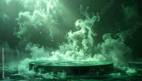 Abstract green mist swirling around a reflective geometric pedestal with shimmering particles, ethereal, atmospheric, science and technology concept