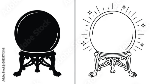 Bild auf Leinwand Crystal Ball Set with Solid Black and Outline Versions, Featuring Star Embellishments Around a Glowing Sphere
