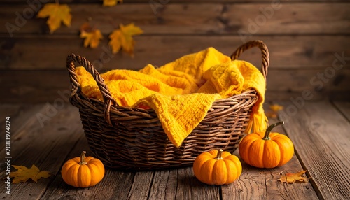 Autumn harvest arrangement with small pumpkins and a basket of bright yellow knitted blanket on rustic wooden background, falling leaves, cozy atmosphere