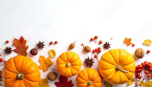 Autumn harvest border with pumpkins, fall leaves, berries, and nuts on a white background, seasonal decoration