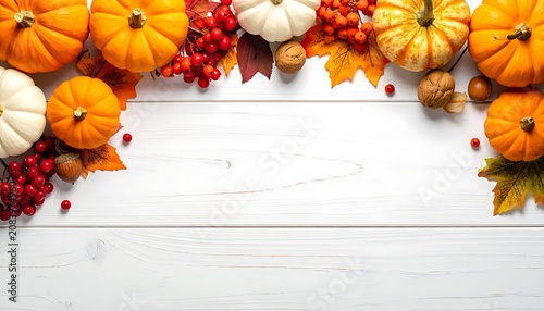 Autumn harvest border with pumpkins, gourds, colorful leaves, berries, and nuts on a white wooden background, seasonal festive decoration