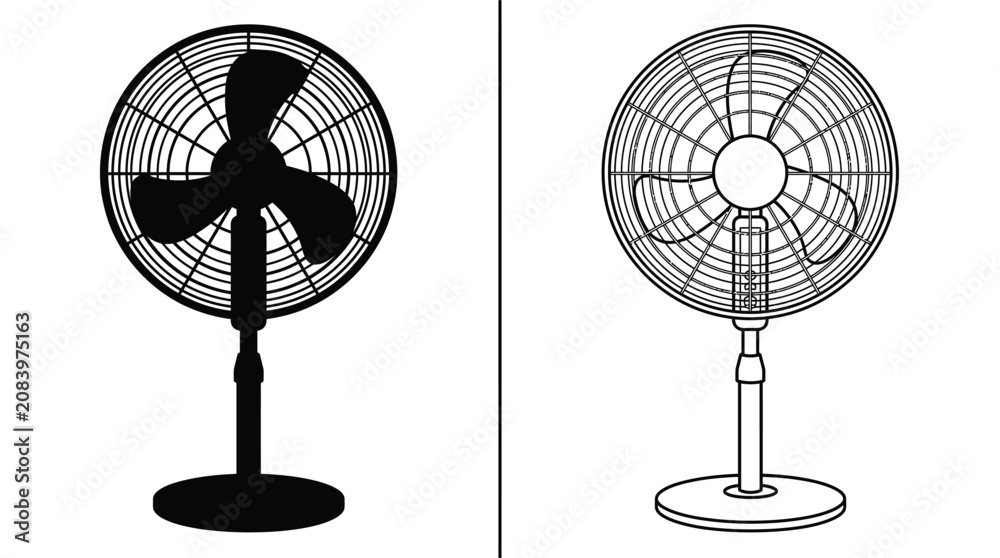 Obraz premium Fan Electric Desk Stand Icon with a Black Silhouette and an Outline Version for Cooling Rooms